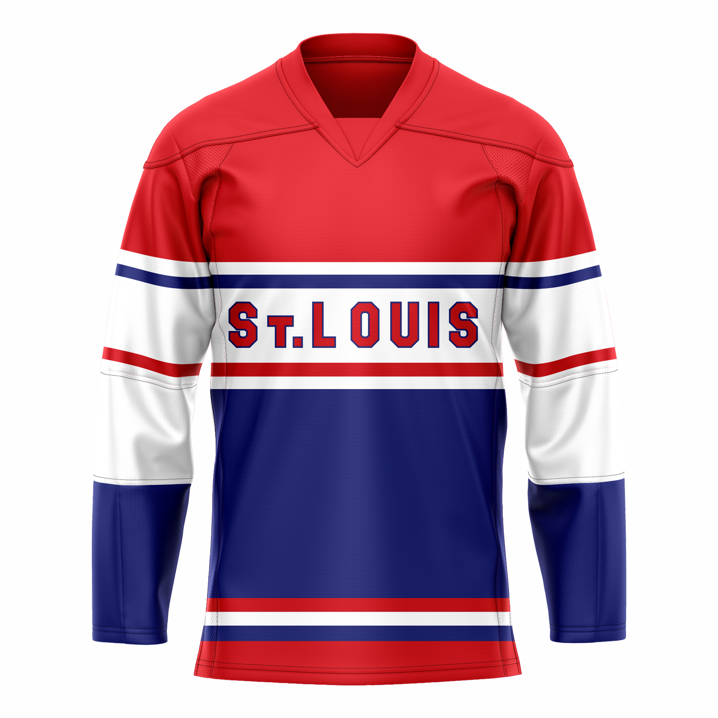 St. Louis Flyers hockey jersey. Red top. Blue, large white, red band mid-sleeve. blue sleeves 2/3 down. Blue band on chest has St. Louis large in red with blue trim. Red and whit band below. Large blue section below, then red, white, blue, and large red band at waist. Royal Retros
