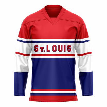 St. Louis Flyers hockey jersey. Red top. Blue, large white, red band mid-sleeve. blue sleeves 2/3 down. Blue band on chest has St. Louis large in red with blue trim. Red and whit band below. Large blue section below, then red, white, blue, and large red band at waist. Royal Retros