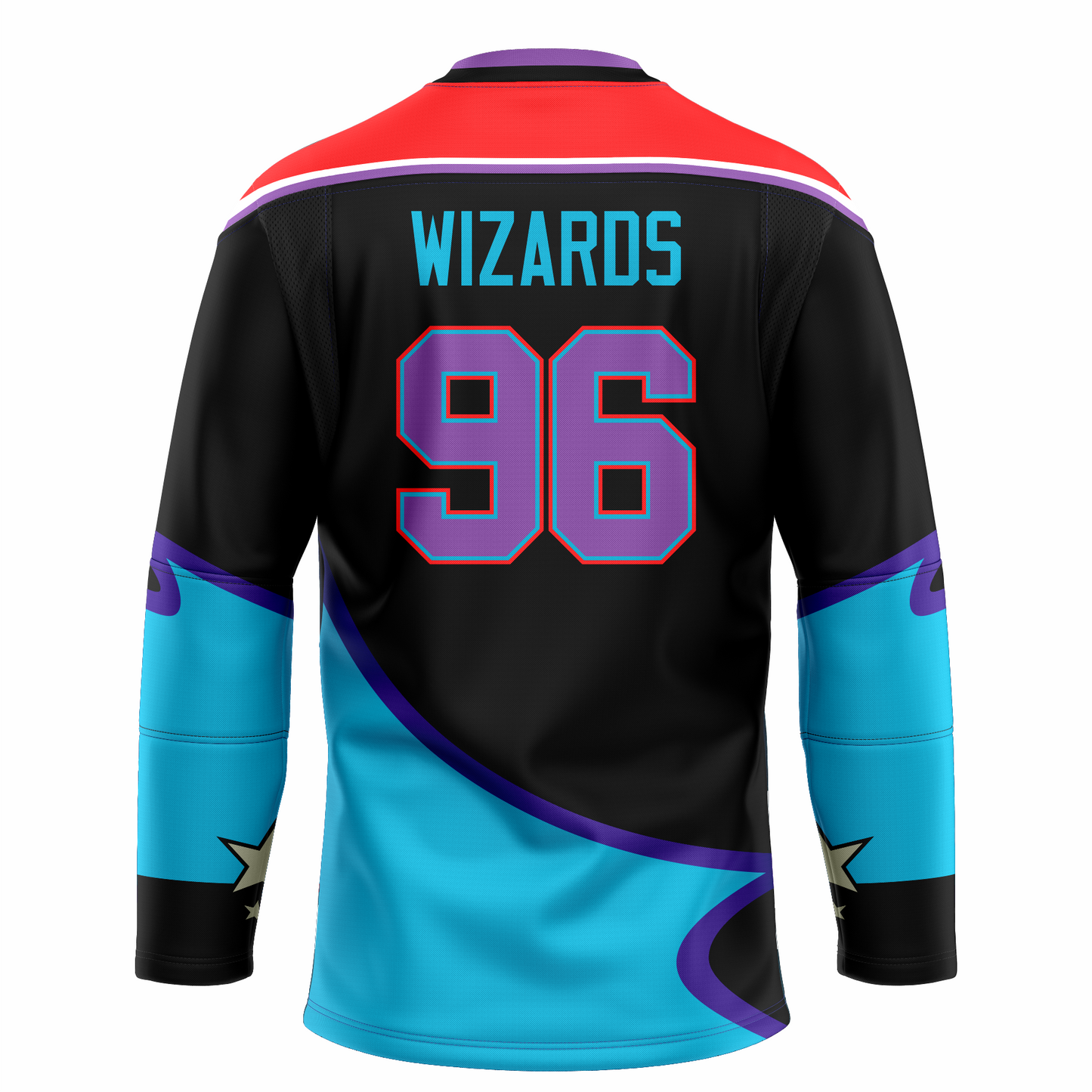 Waco Wizards hockey jersey black. Red shoulders with purple and white trim. Purple and black collar, Bottom half of sleeves and waist are light blue with purple trim.#96 large in purple with red trim centered. Wizards in teal above numbers. Royal Retros