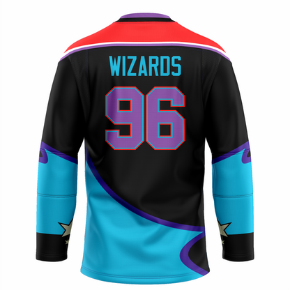Waco Wizards hockey jersey black. Red shoulders with purple and white trim. Purple and black collar, Bottom half of sleeves and waist are light blue with purple trim.#96 large in purple with red trim centered. Wizards in teal above numbers. Royal Retros