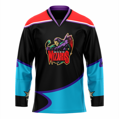 Waco Wizards hockey jersey black. Red shoulders with white trim. Purple and black collar, Bottom half of sleeves and waist are light blue with purple trim. Logo is a purple wizard holding a hockey stick. Waco small in white above WIZARDS in red, Royal Retros