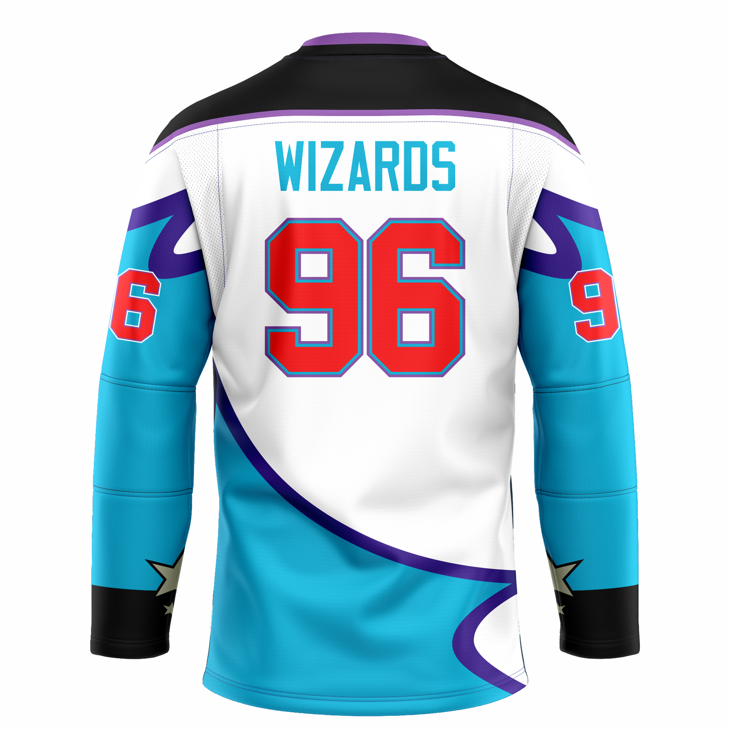 Waco Wizards hockey jersey white. Black shoulders with purple trim. Purple and black collar, Bottom half of sleeves and waist are light blue with purple trim.#96 large in red with purple trim centered. Wizards in teal above numbers. Royal Retros