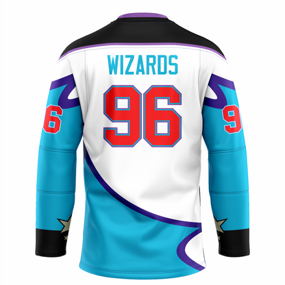 Waco Wizards hockey jersey white. Black shoulders with purple trim. Purple and black collar, Bottom half of sleeves and waist are light blue with purple trim.#96 large in red with purple trim centered. Wizards in teal above numbers. Royal Retros