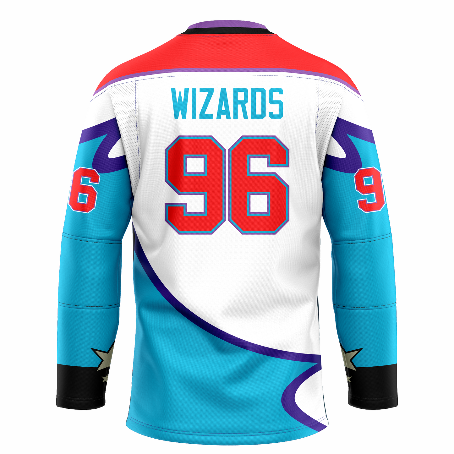 Waco Wizards hockey jersey white. Black shoulders with purple trim. Purple and black collar, Bottom half of sleeves and waist are light blue with purple trim.#96 large in red with purple trim centered. Wizards in teal above numbers. Royal Retros