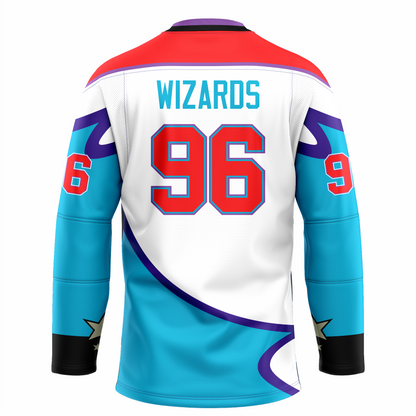 Waco Wizards hockey jersey white. Black shoulders with purple trim. Purple and black collar, Bottom half of sleeves and waist are light blue with purple trim.#96 large in red with purple trim centered. Wizards in teal above numbers. Royal Retros