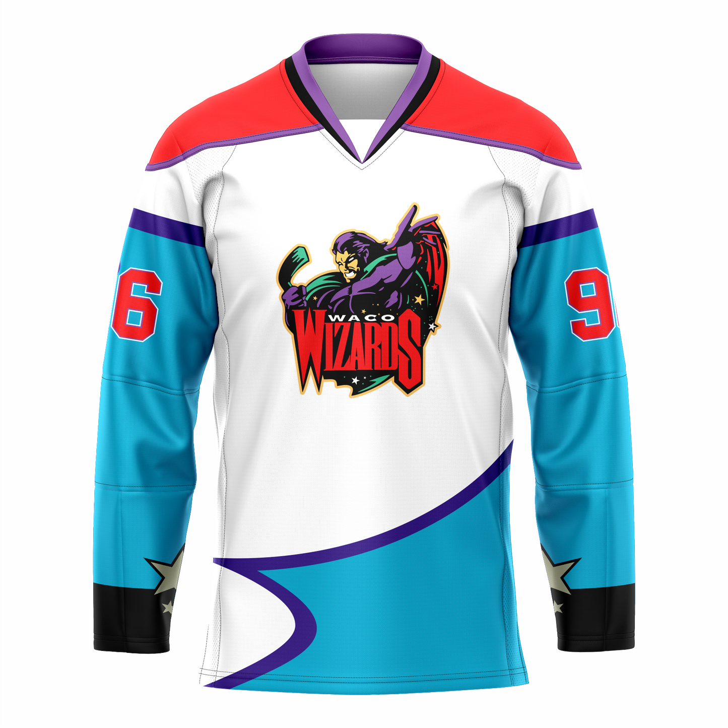 Waco Wizards hockey jersey white. Black shoulders with purple trim. Purple and black collar, Bottom half of sleeves and waist are light blue with purple trim. Logo is a purple wizard holding a hockey stick. Waco small in white above WIZARDS in red, Royal Retros