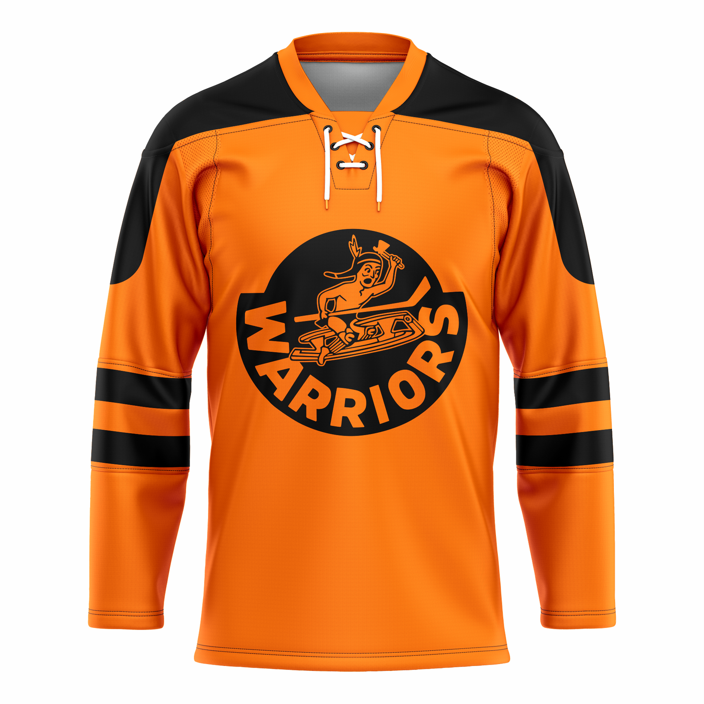 Winnipeg Warriors hockey jersey. Orange with black shoulders. Two black bands half way down sleeves. Logo on chest is cartoon First Nation man in canoe over curved WARRIORS. Royal Retros