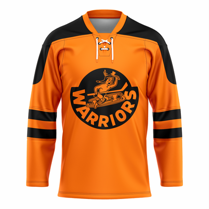 Winnipeg Warriors hockey jersey. Orange with black shoulders. Two black bands half way down sleeves. Logo on chest is cartoon First Nation man in canoe over curved WARRIORS. Royal Retros