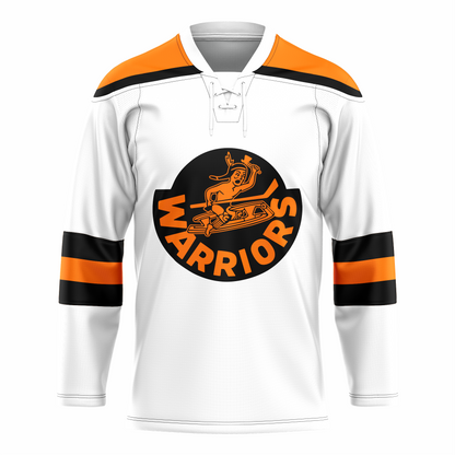 Winnipeg Warriors hockey jersey. White with orange shoulders with black trim. Two black bands, with orange band between them, half way down sleeves. Logo on chest is cartoon First Nation man in canoe over curved WARRIORS. Royal Retros