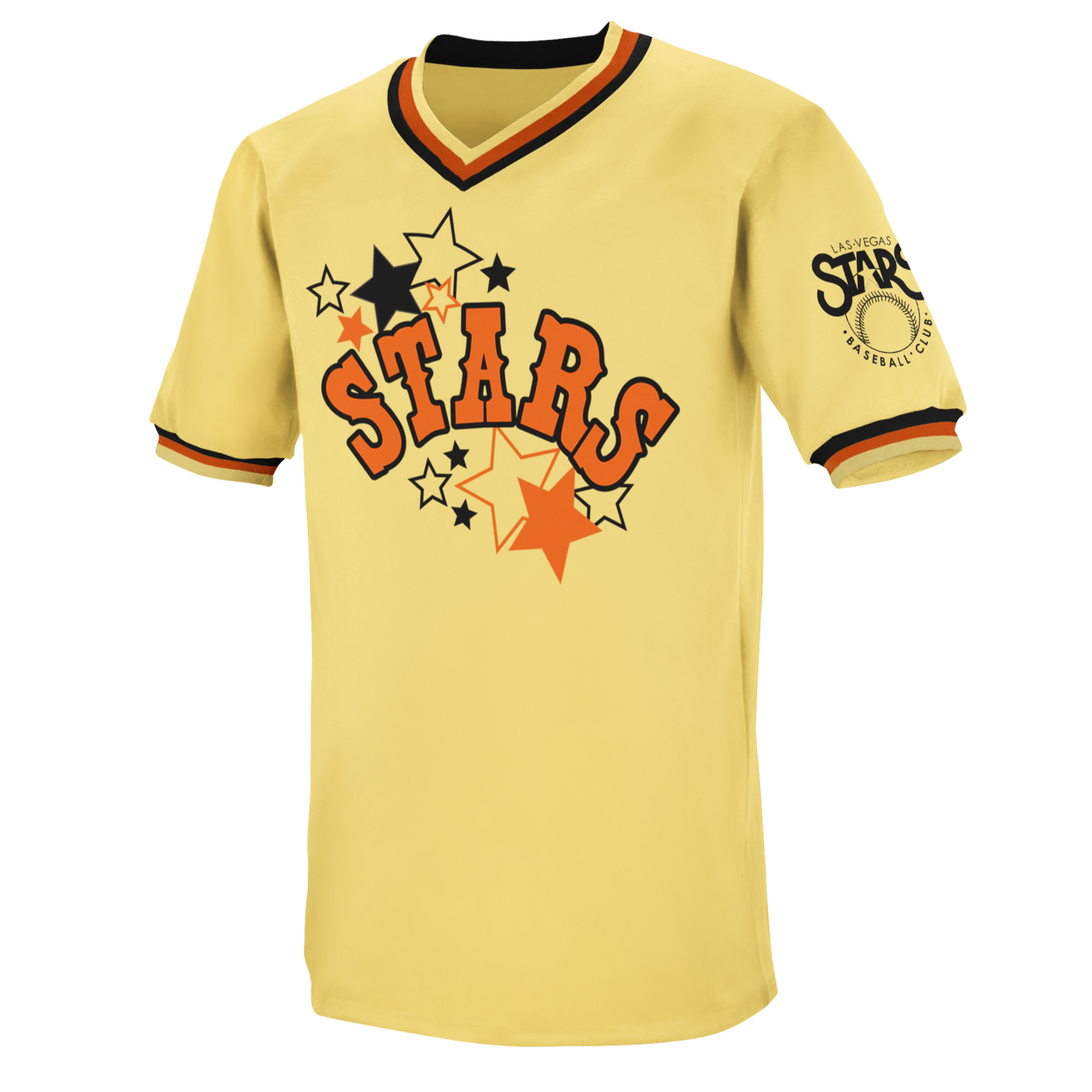 1983 Las Vegas Stars Pullover Baseball Jersey - Yellow. Yellow, orange, and black collar and short-sleeve ends. STARS in caps arched across chest on orange with black outline. Yellow, black, and orange stars around STARS. Royal Retros