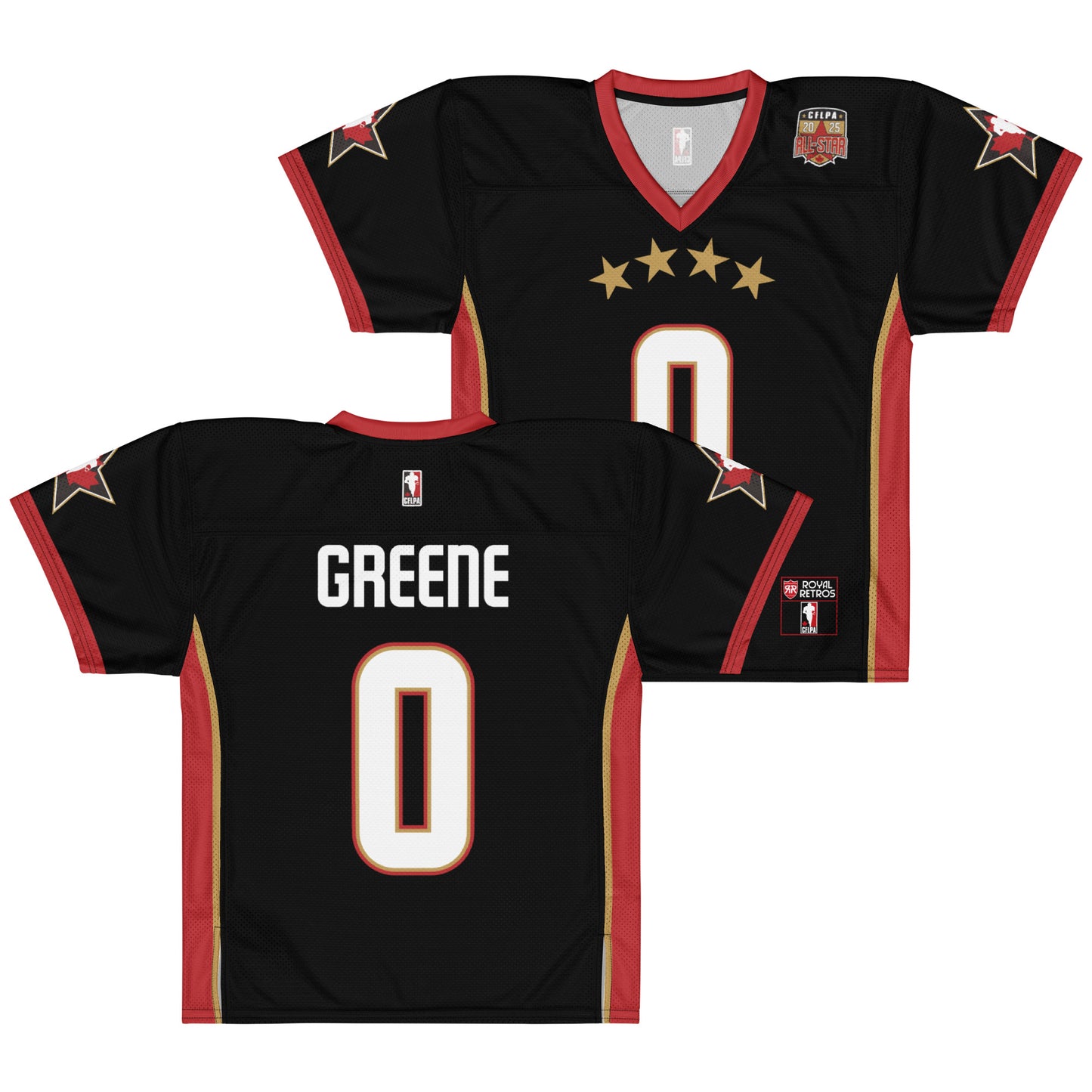 2025 CFLPA All-Star Replica Jersey. Black. Front and Back. Red collar and sleeve ends. Four gold stars over large white name over large white numerals with red trim. Gold, red, and gold stripes up sides. Royal Retro
