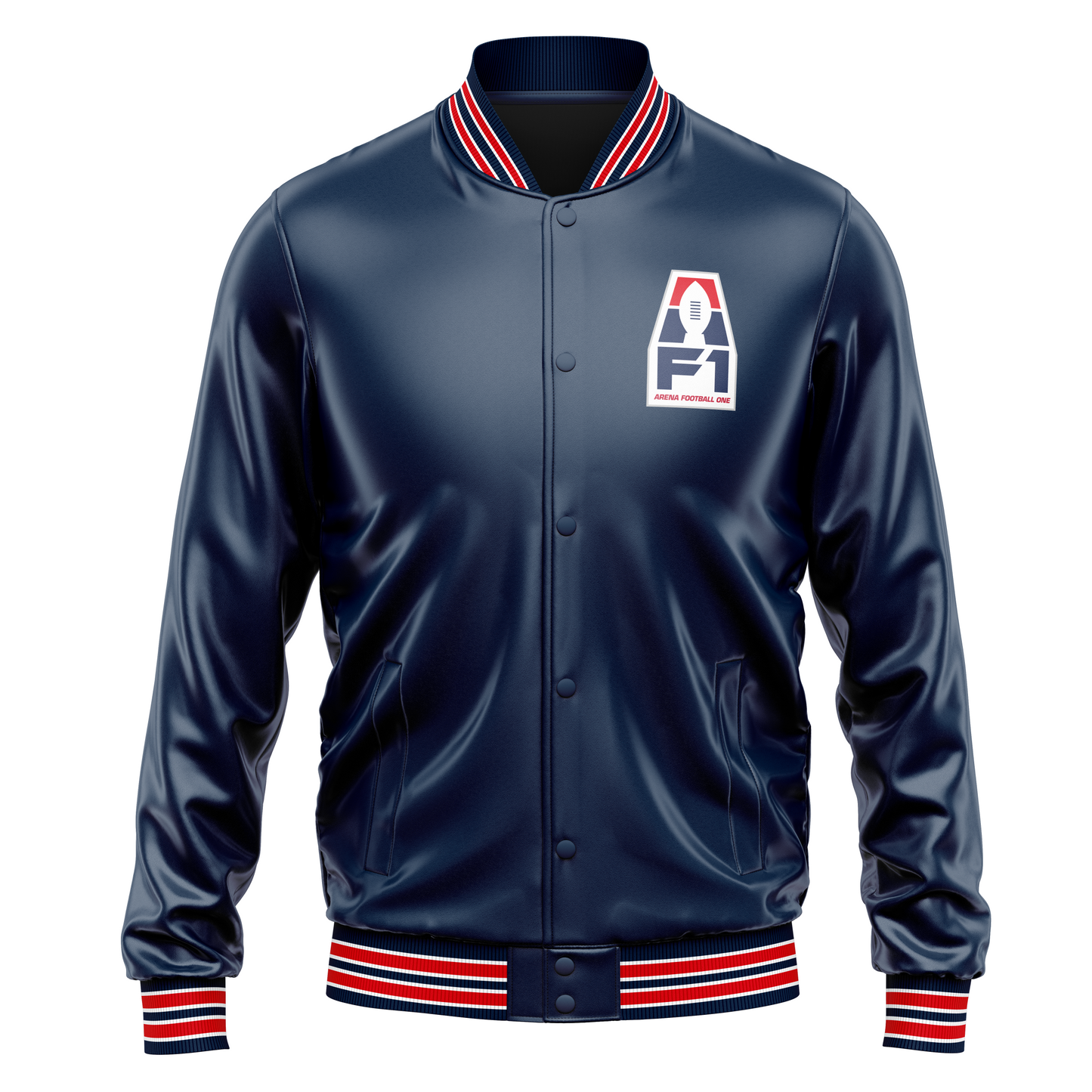 AF1 button-up satin jacket. Blue. white, red, white, blue, white, red, white band on collar, sleeve ends, and waist. AF1 logo upper left chest. Royal Retros.