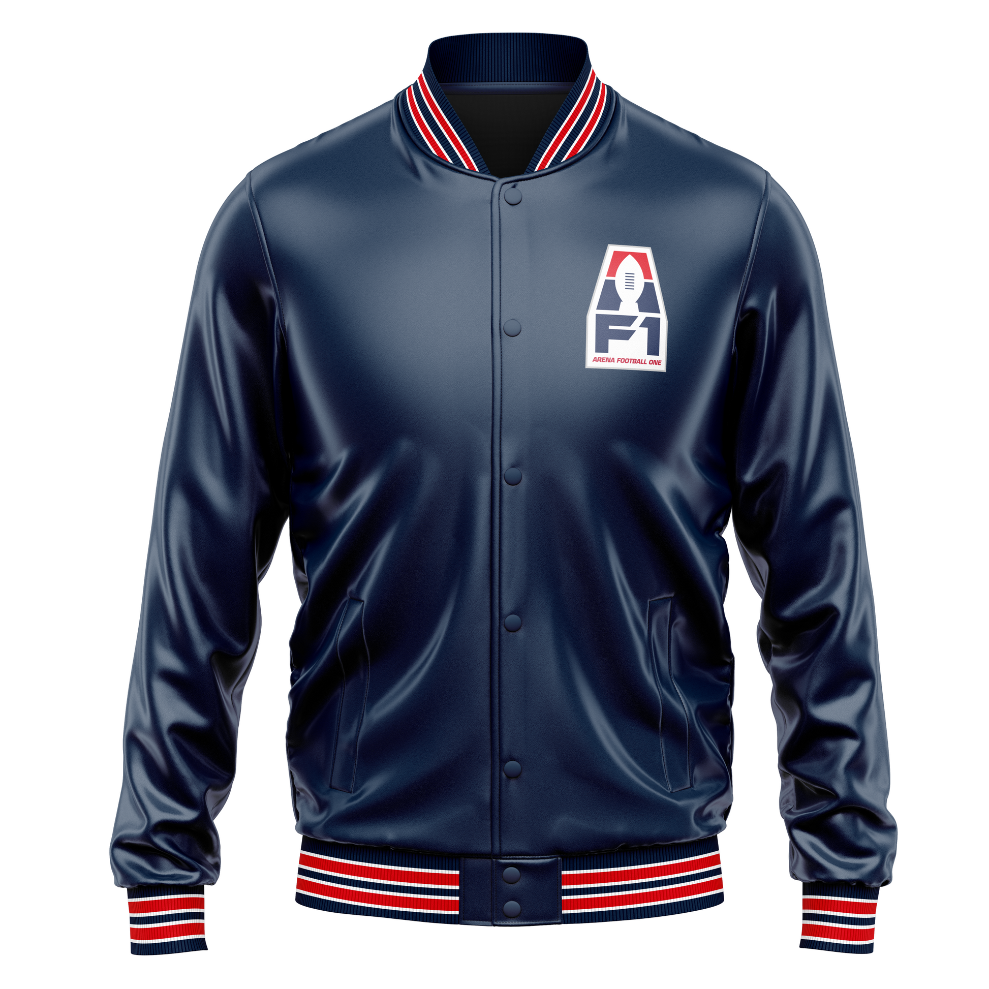 AF1 button-up satin jacket. Blue. white, red, white, blue, white, red, white band on collar, sleeve ends, and waist. AF1 logo upper left chest. Royal Retros.