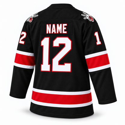 Albany River Rats black hockey jersey — back mockup, number 12, NAME personalization, lace-up collar and RR shoulder logos. Royal Retros.