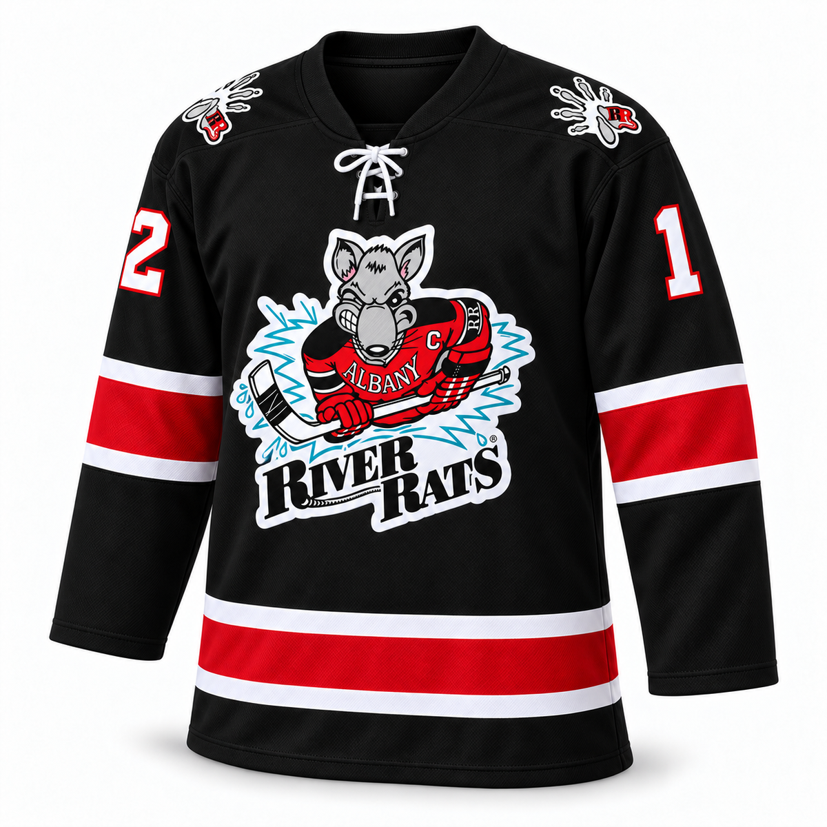 Albany River Rats black hockey jersey — front mockup, number 12, lace-up collar and RR shoulder logos. Royal Retros.