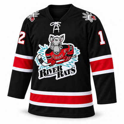 Albany River Rats black hockey jersey — front mockup, number 12, lace-up collar and RR shoulder logos. Royal Retros.