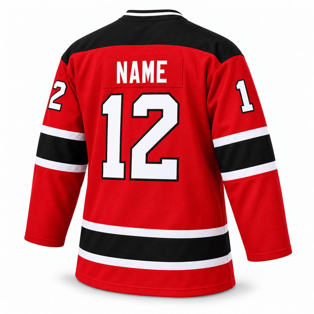 Albany River Rats red hockey jersey — back mockup, number 12, NAME personalization. Royal Retros.