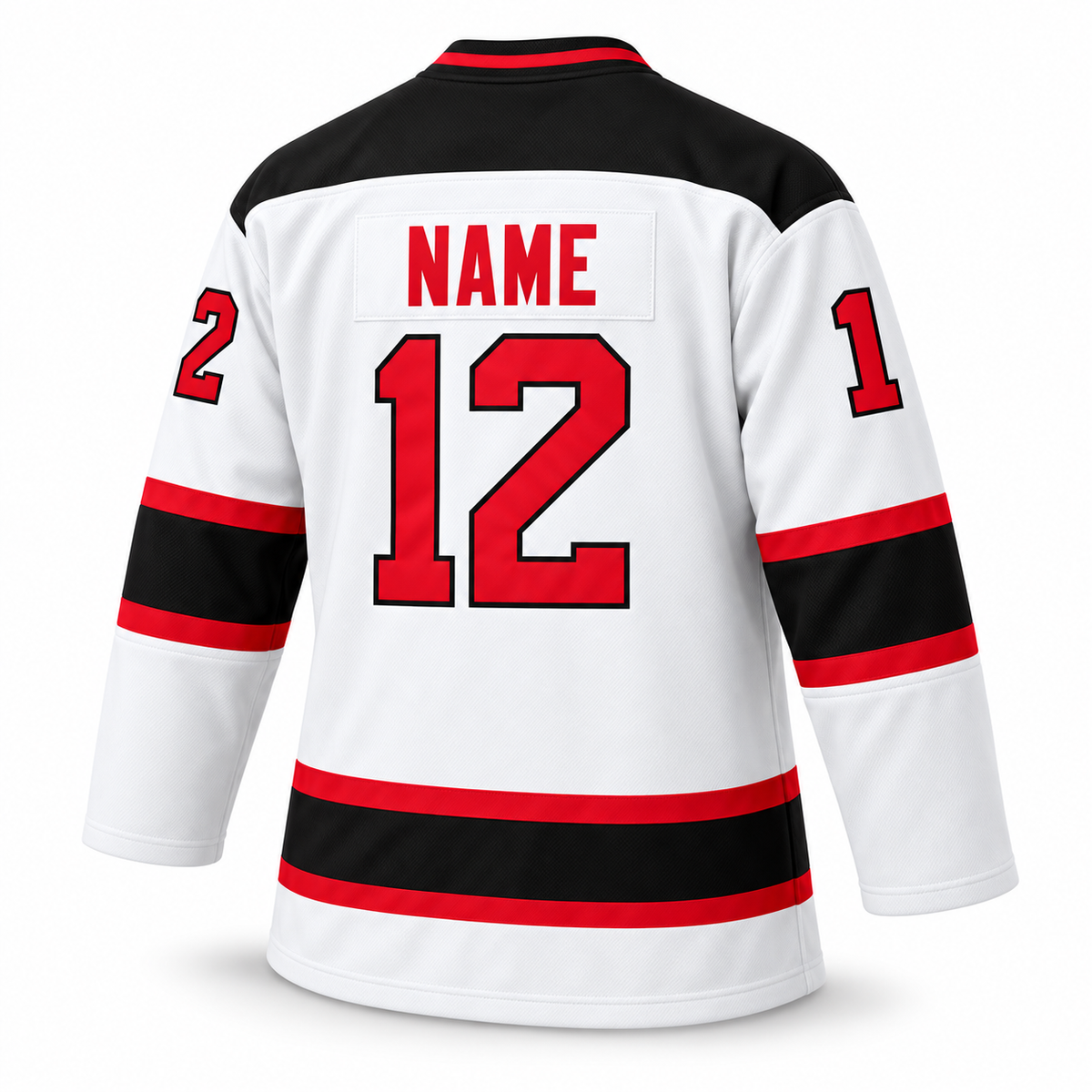 Albany River Rats white hockey jersey — back mockup, number 12, NAME personalization. Royal Retros.