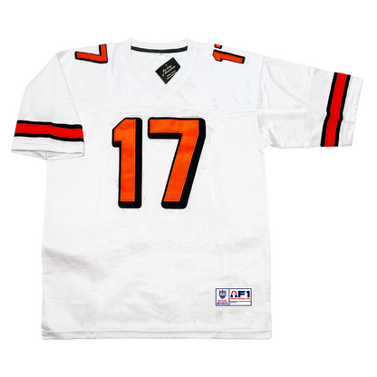 White Albany Firebirds Throwback Jersey featuring orange number 17