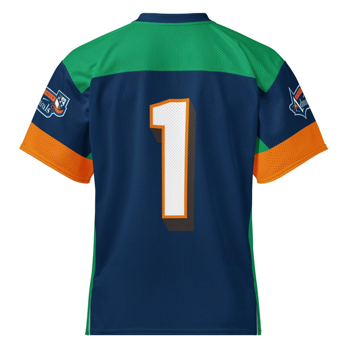 Amsterdam Admirals all-over football short-sleeve football jersey. Blue. Blue collar. Green across shoulders. Orange sleeve ends. Admirals logo on both sleeves. #1 white with orange trim large on back. Royal Retros