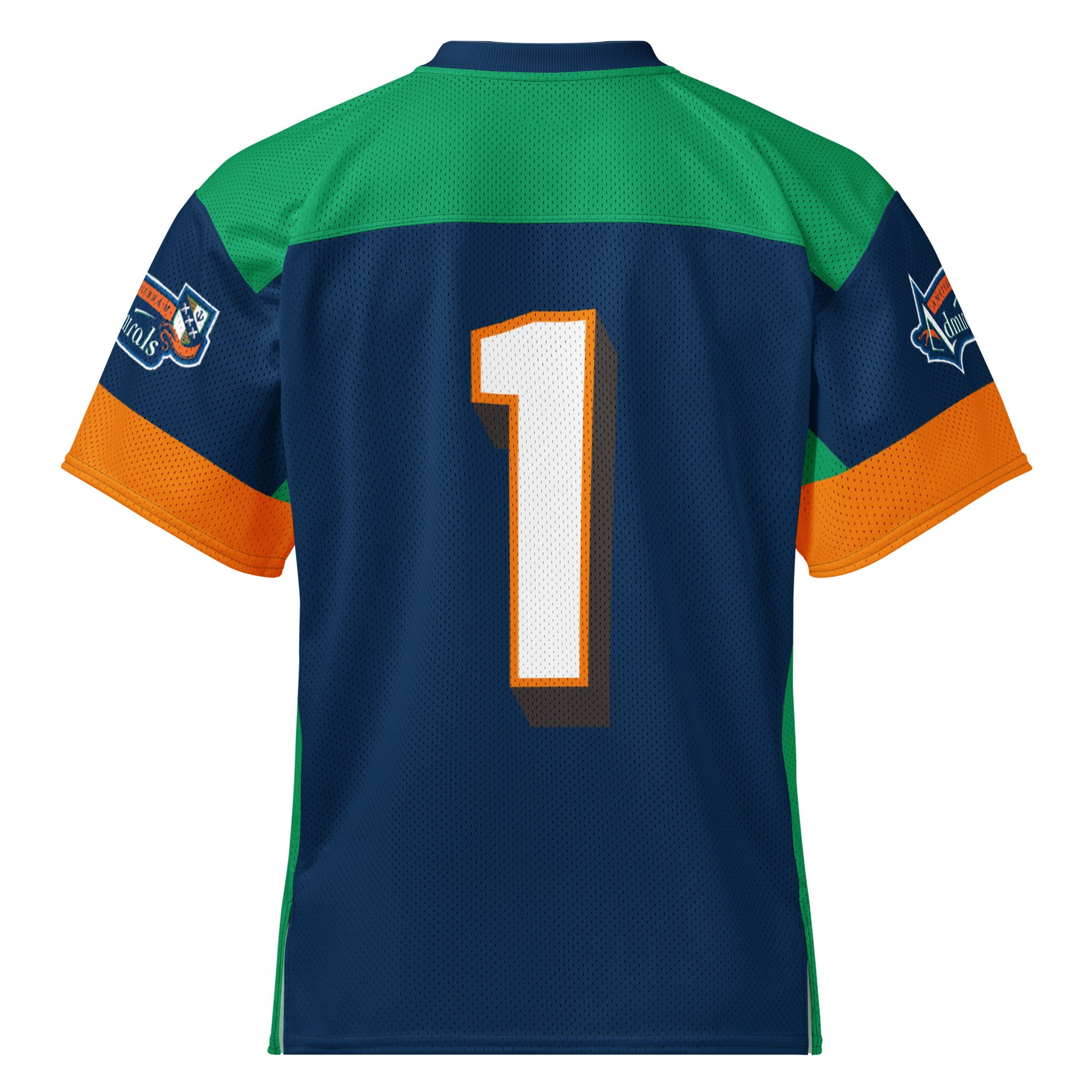 Amsterdam Admirals all-over football short-sleeve football jersey. Blue. Blue collar. Green across shoulders. Orange sleeve ends. Admirals logo on both sleeves. #1 white with orange trim large on back. Royal Retros