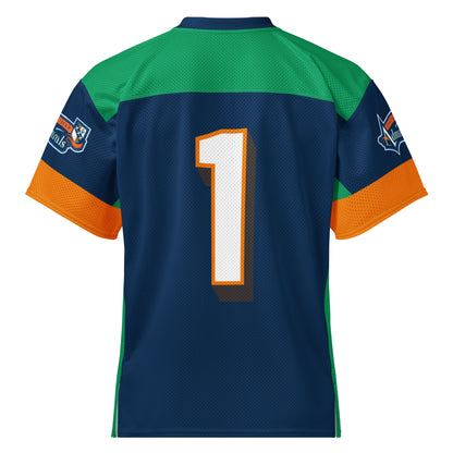 Amsterdam Admirals all-over football short-sleeve football jersey. Blue. Blue collar. Green across shoulders. Orange sleeve ends. Admirals logo on both sleeves. #1 white with orange trim large on back. Royal Retros