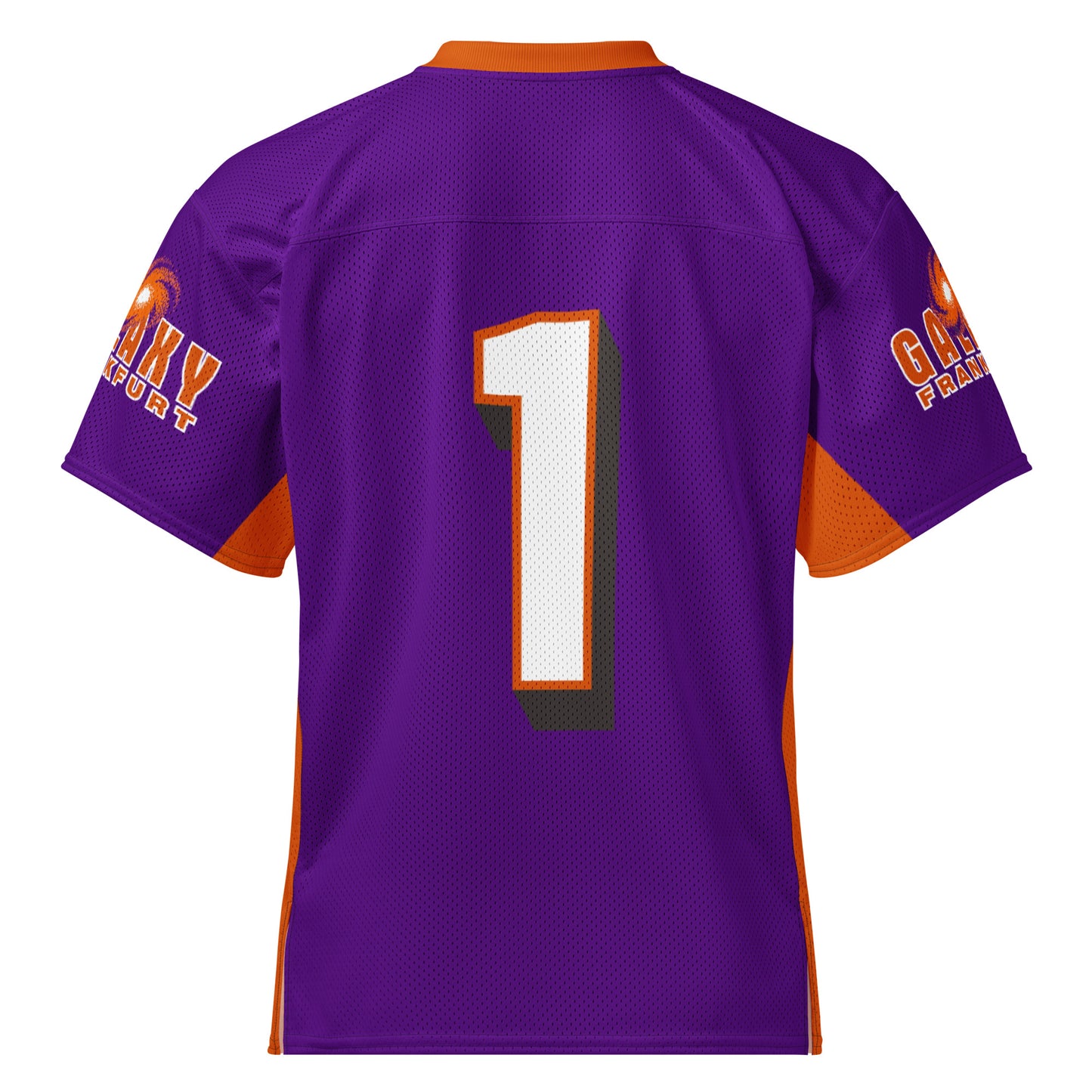 Frankfurt Galaxy all-over print short-sleeve football jersey. Purple. orange collar. "Galaxy Frankfurt" in orange with white outline on both sleeves. #1 large on back white with orange trim. Orange band from inside sleeve and down sides Royal Retros. 