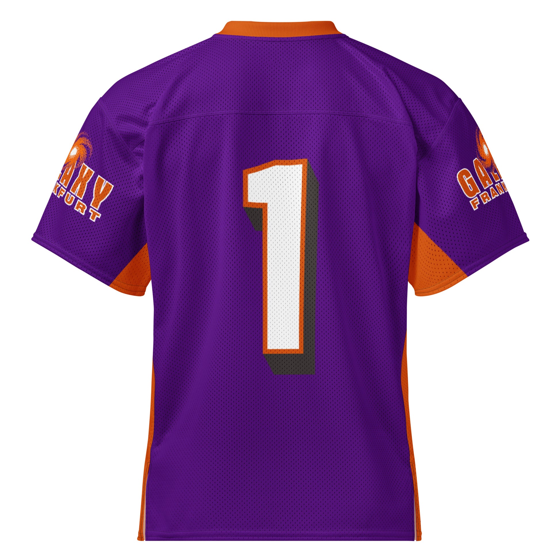 Frankfurt Galaxy all-over print short-sleeve football jersey. Purple. orange collar. "Galaxy Frankfurt" in orange with white outline on both sleeves. #1 large on back white with orange trim. Orange band from inside sleeve and down sides Royal Retros. 