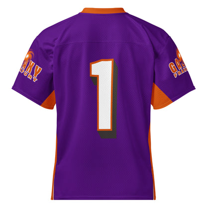 Frankfurt Galaxy all-over print short-sleeve football jersey. Purple. orange collar. "Galaxy Frankfurt" in orange with white outline on both sleeves. #1 large on back white with orange trim. Orange band from inside sleeve and down sides Royal Retros. 