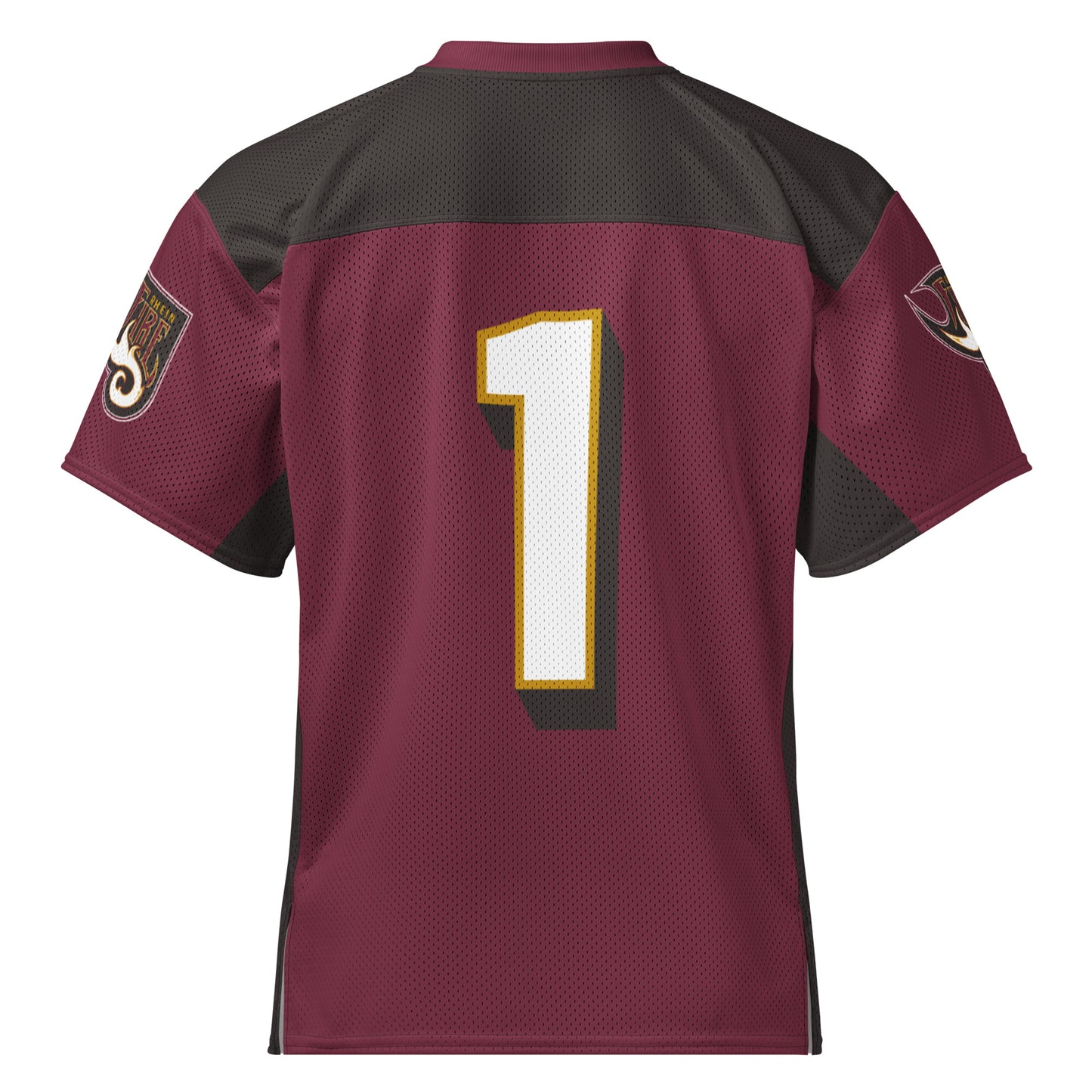 Rhein Fire all-over print short-sleeve football jersey. Purple. #1 white with gold trim large on back. White flame logo on sleeve. Royal Retros