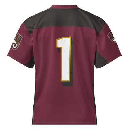 Rhein Fire all-over print short-sleeve football jersey. Purple. #1 white with gold trim large on back. White flame logo on sleeve. Royal Retros