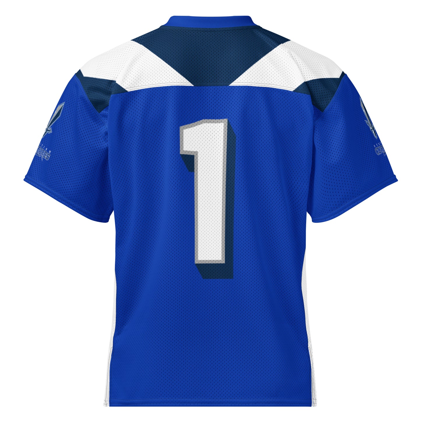 Scottish Claymores all-over print short-sleeve football jersey. Royal Blue. Dark blue trapezoid shape next to collar. White parallelogram shape next to that. #1 white with navy trim large on back. Royal Retros