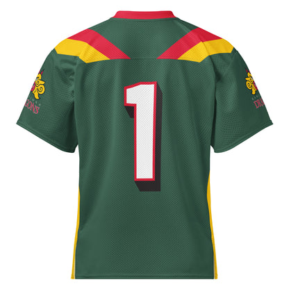 Barcelona Dragons all-over print short-sleeve football jersey. Green. Red collar. Red and gold bands angled on shoulders. #1 in white with black and red shadow large on back. Royal Retros
