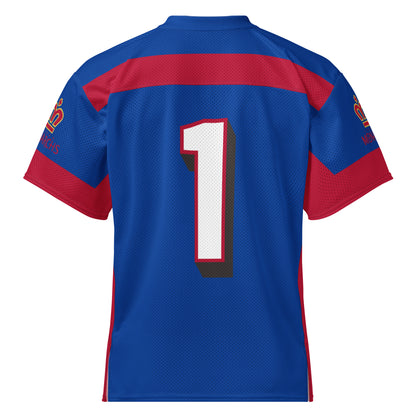 London Monarchs short sleeve football jersey, all-over print. Royal blue. Red cross pattern large. #1 white with black and red shadow large on back. Royal Retros