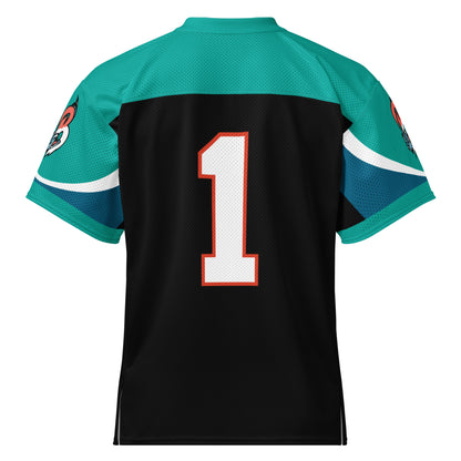 Birmingham all-over pattern short-sleeve football jersey, Black. Teal shoulders and sleeves. #1 in white with orange trim large on back. Royal Retros