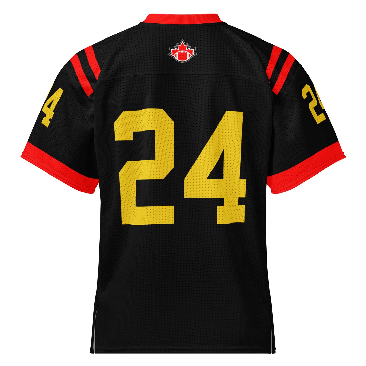Football Canada short sleeve jersey black. Red collar, red sleeve ends. #24 large in Gold large on back and on sleeves. Royal Retros