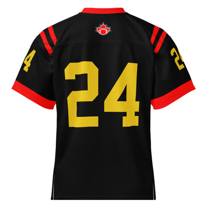 Football Canada short sleeve jersey black. Red collar, red sleeve ends. #24 large in Gold large on back and on sleeves. Royal Retros
