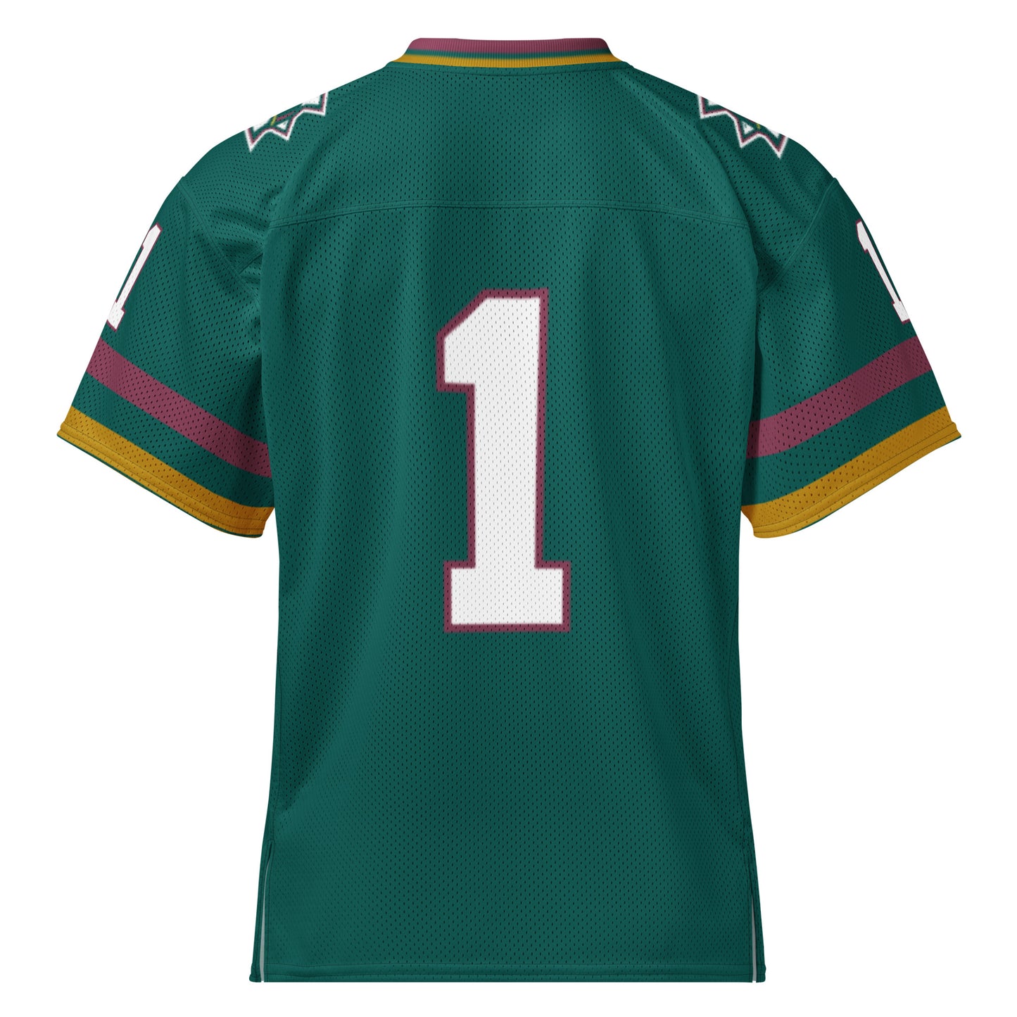 Memphis Mad Dogs Jersey green. #1 on back, white with red trim. Red, green, and gold collar, and trim at sleeve ends. Royal Retros