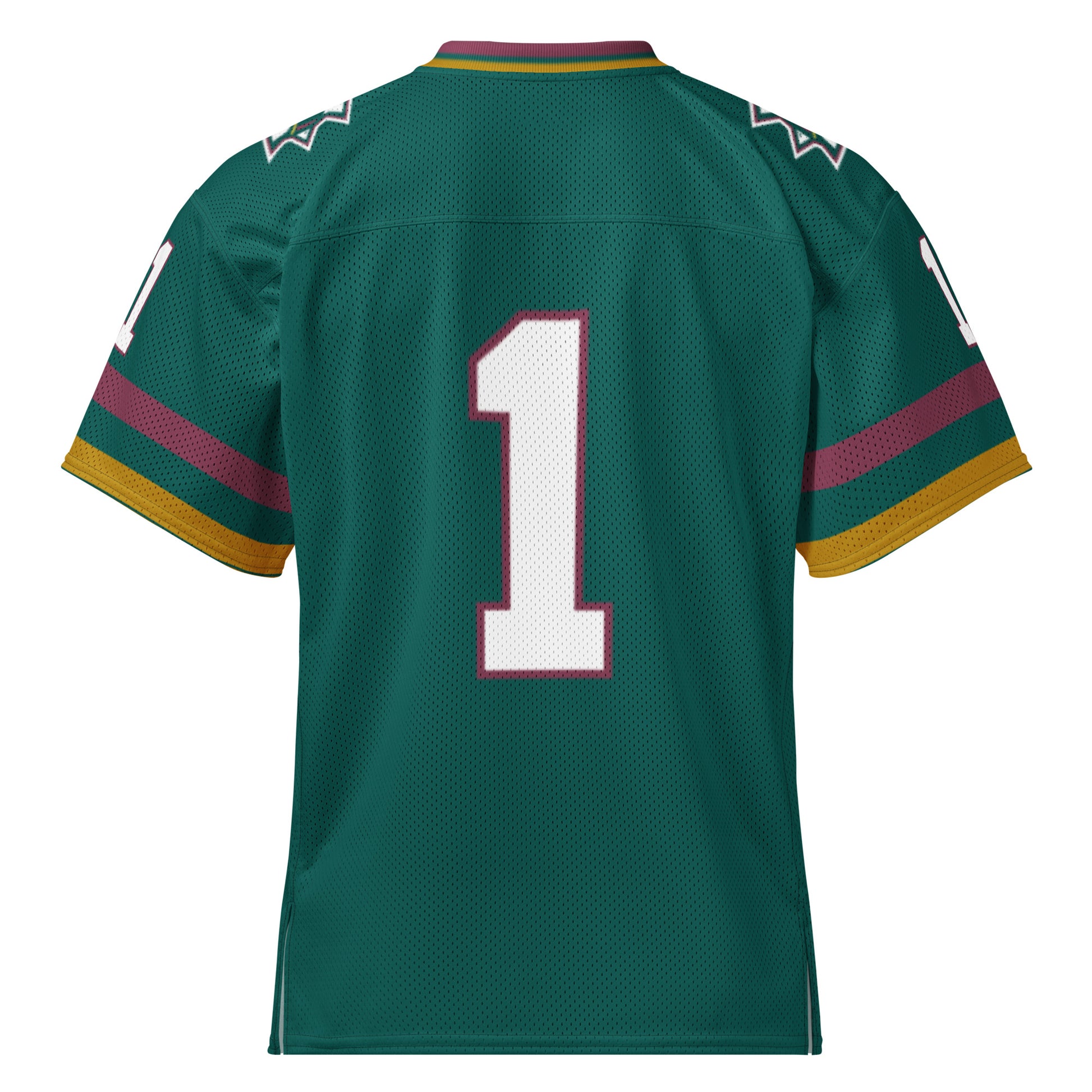 Memphis Mad Dogs Jersey green. #1 on back, white with red trim. Red, green, and gold collar, and trim at sleeve ends. Royal Retros