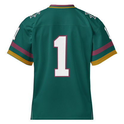 Memphis Mad Dogs Jersey green. #1 on back, white with red trim. Red, green, and gold collar, and trim at sleeve ends. Royal Retros