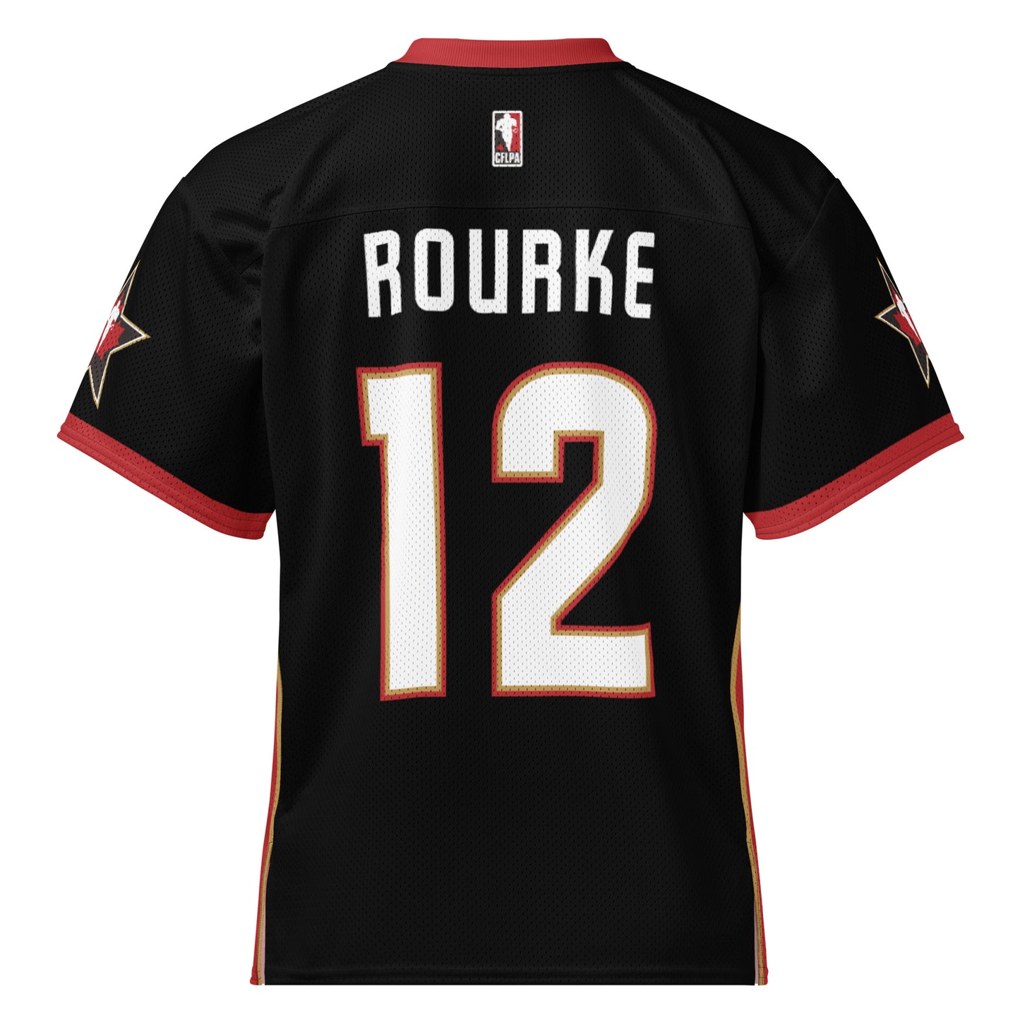 2025 CFLPA All-Star Replica Jersey. Black. Back. Red collar and sleeve ends. Four gold stars over large white name over large white numerals with red trim. Gold, red, and gold stripes up sides. Royal Retro