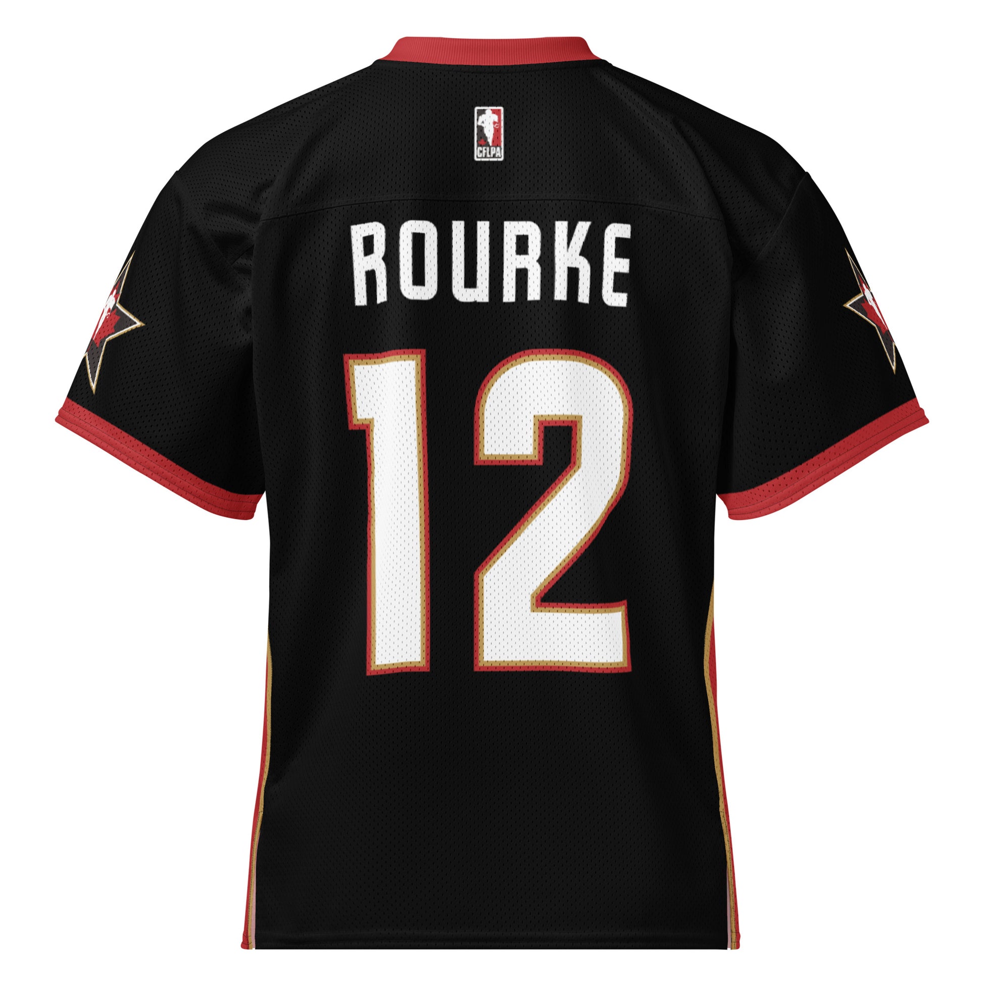 2025 CFLPA All-Star Replica Jersey. Black. Back. Red collar and sleeve ends. Four gold stars over large white name over large white numerals with red trim. Gold, red, and gold stripes up sides. Royal Retro