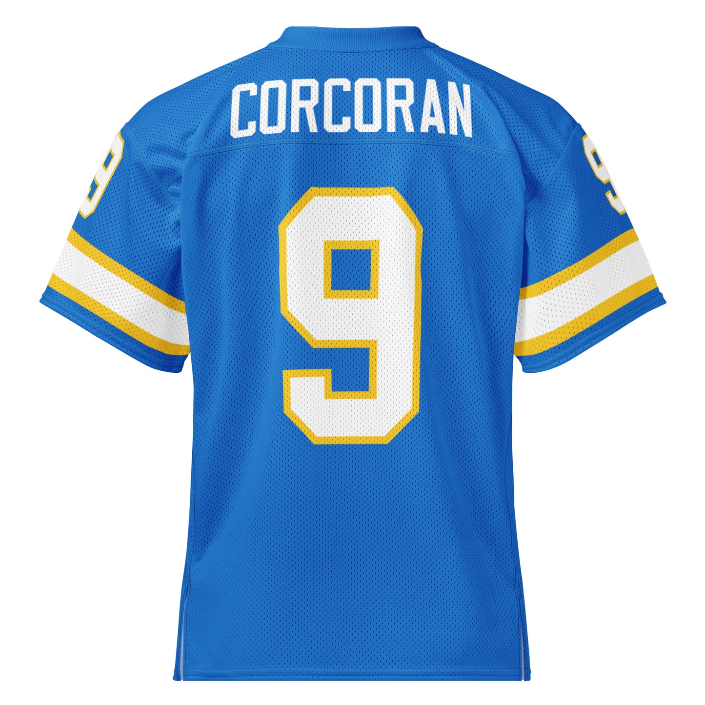 Philadelphia Bell King Corcoran jersey. Blue. Back. Corcoran in white across top, large 9 in white with gold trim. 9 on each sleeve, white with gold trim. Gold, white, and gold  bands just above sleeve ends. Royal Retros