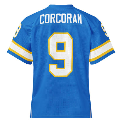 Philadelphia Bell King Corcoran jersey. Blue. Back. Corcoran in white across top, large 9 in white with gold trim. 9 on each sleeve, white with gold trim. Gold, white, and gold  bands just above sleeve ends. Royal Retros