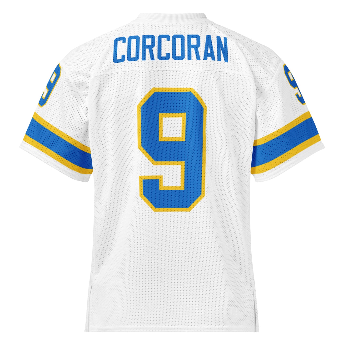 Philadelphia Bell King Corcoran jersey. White. Back.  Gold, blue, and gold  bands just above sleeve ends. Corcoran in blue across top, large 9 in blue with gold trim. 9 on each sleeve, blue with gold trim. Gold, blue, and gold  bands just above sleeve ends. Royal Retros