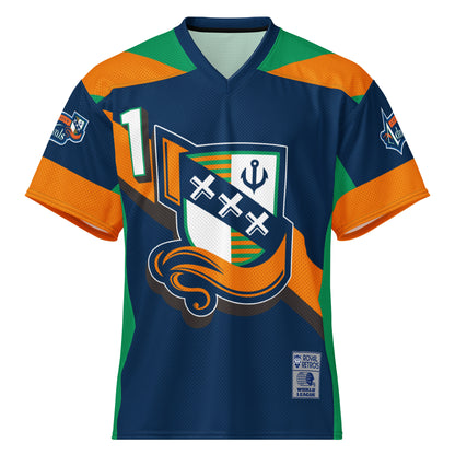 Amsterdam Admirals all-over football short-sleeve football jersey. Blue. Blue collar. Green triangle shape next to collar, next to orange triangle, both across shoulders. Orange sleeve ends with green band inside sleeve vertically. Admirals logo on both sleeves. Orange stripe diagonal left to right. #1 in white upper left. Shield in center divided into four sections. Top left and bottom right are green and orange stripes alternating. Top right blue anchor on white. Bottom left jut white. Orange tail 