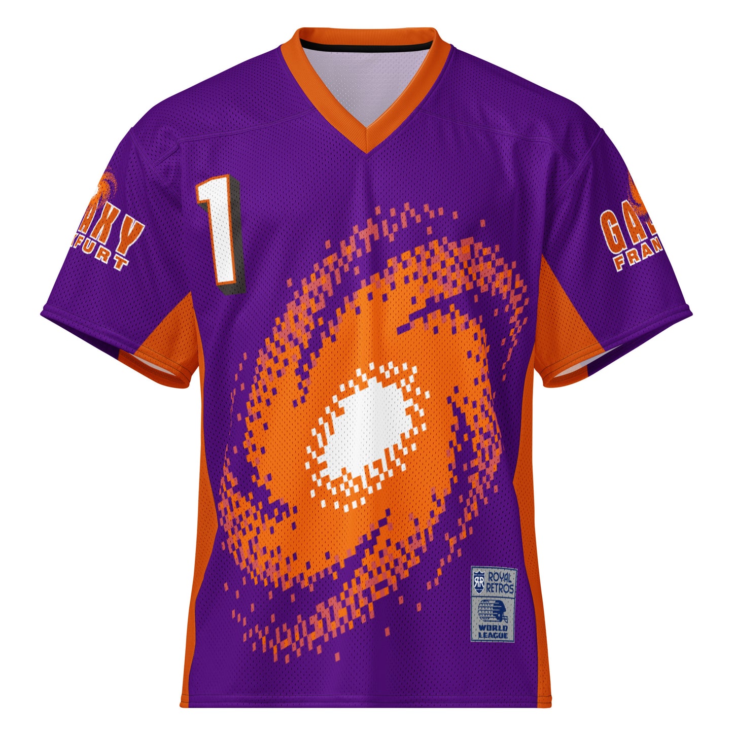 Frankfurt Galaxy all-over print short-sleeve football jersey. Purple. orange collar. "Galaxy Frankfurt" in orange with white outline on both sleeves. #1 in white with orange trim upper left. Large, orange, spiral galaxy on front, with white center. Orange bar from inner sleeve down sides. Royal Retros. 
