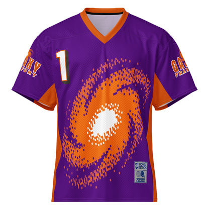 Frankfurt Galaxy all-over print short-sleeve football jersey. Purple. orange collar. "Galaxy Frankfurt" in orange with white outline on both sleeves. #1 in white with orange trim upper left. Large, orange, spiral galaxy on front, with white center. Orange bar from inner sleeve down sides. Royal Retros. 