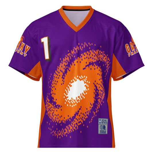 Frankfurt Galaxy all-over print short-sleeve football jersey. Purple. orange collar. "Galaxy Frankfurt" in orange with white outline on both sleeves. #1 in white with orange trim upper left. Large, orange, spiral galaxy on front, with white center. Orange bar from inner sleeve down sides. Royal Retros. 