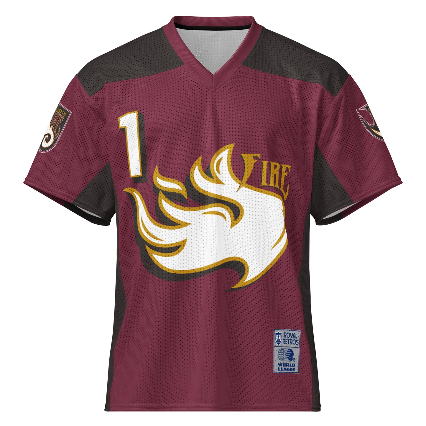 Rhein Fire all-over print short-sleeve football jersey. Purple. #1 white with gold trim upper left. Large white flames with gold trim in center. Fire on gold above right. Royal Retros